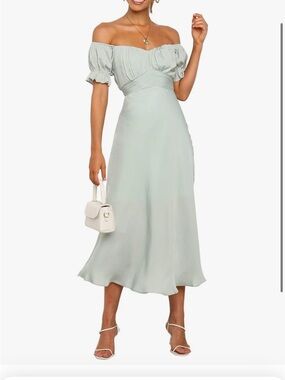 Women's Sage Green Puff-Sleeve Midi Dress